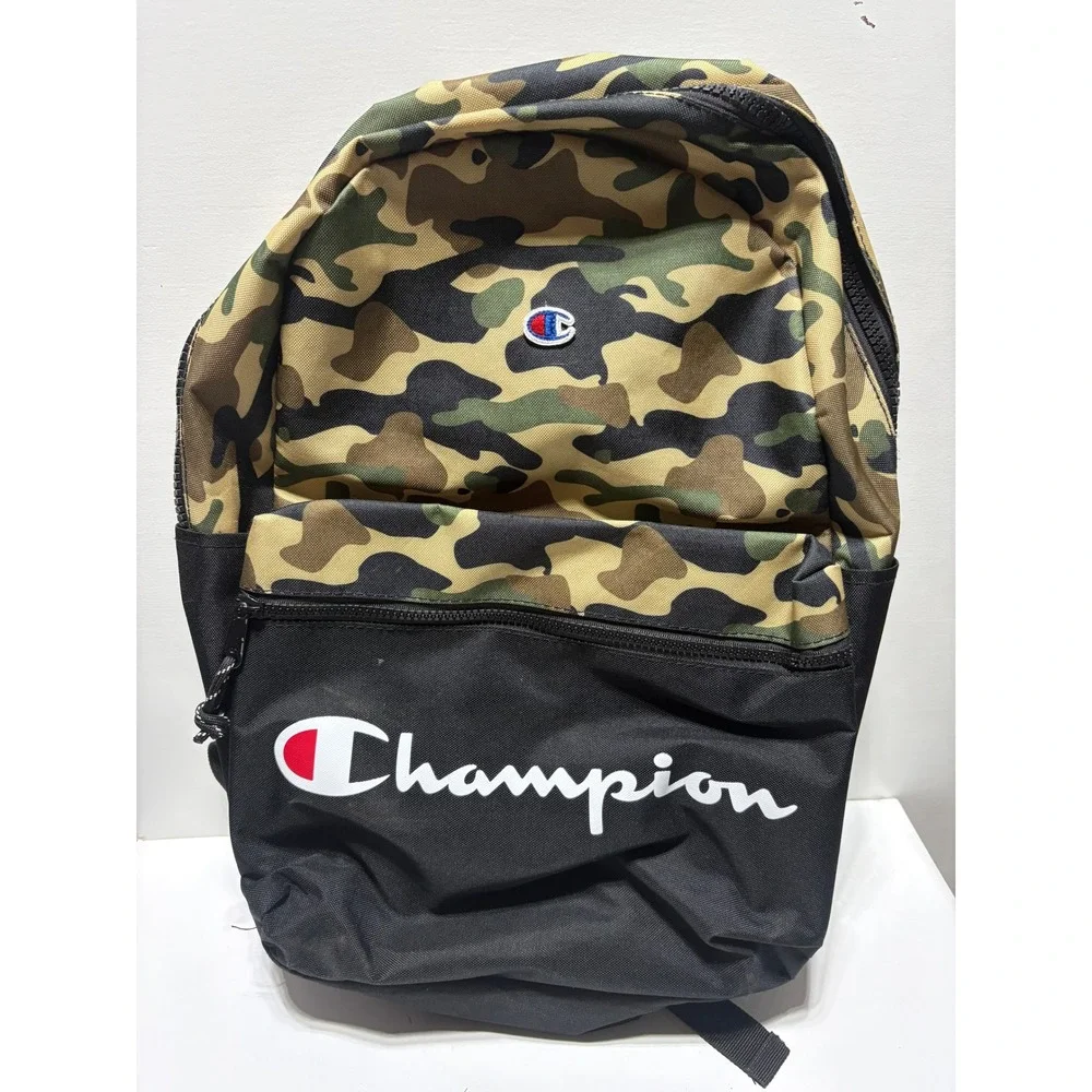 Champion Backpack Camouflage Black Script Logo Padded Straps School Travel Bag